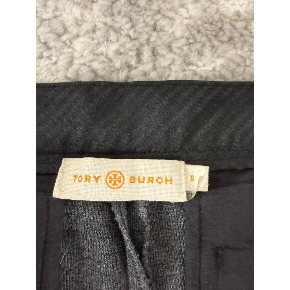Tory Burch Sz S Wool Blend Faux Leather Trim Pants Gray‎ Button Zip Straight Leg